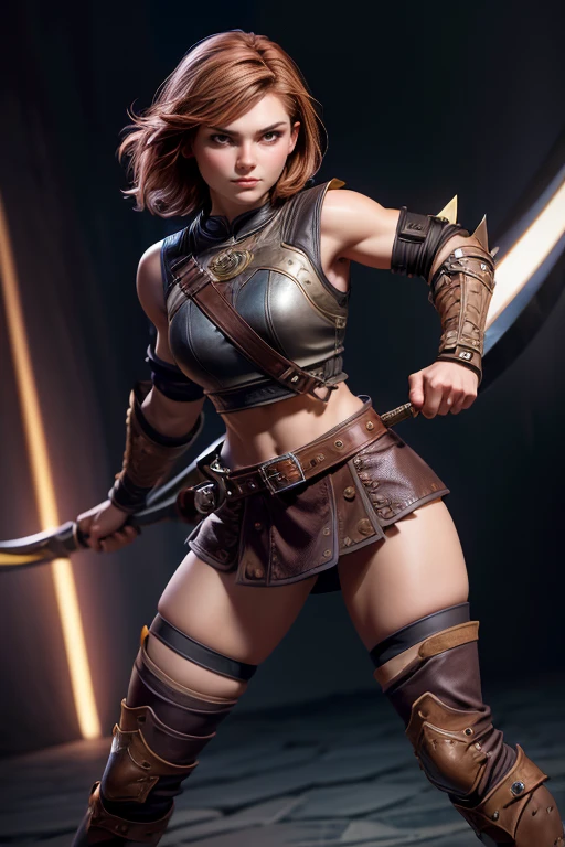  Young Viking woman , short brown hair, ojos marrones, leather armor, top leather straps ,  muscular shirt , fur skirt, bushy eyebrows,  looking at the camera , Epic character composition,  a look of determination,  full body,  masterpiece , super detail,  Natural lighting,  sharp focus,  ultra resolution , bottomless.