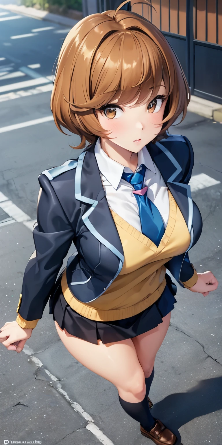 1 Female,High definition,high resolution,Ultra-realistic,8K, hmza, short hair, antenna hair, brown eyes, school uniform, blue necktie, yellow shirt,black jacket, long sleeves, black skirt,tight skirt, miniskirt, large breasts, brown shoes,large breasts,European,sexy,Upper body close-up,Photographed from the front,Dynamic Angles,private teacher,A little sheer underwear,blue underwear,blush, big tits ,(top view),(full body), perfect face,cute face