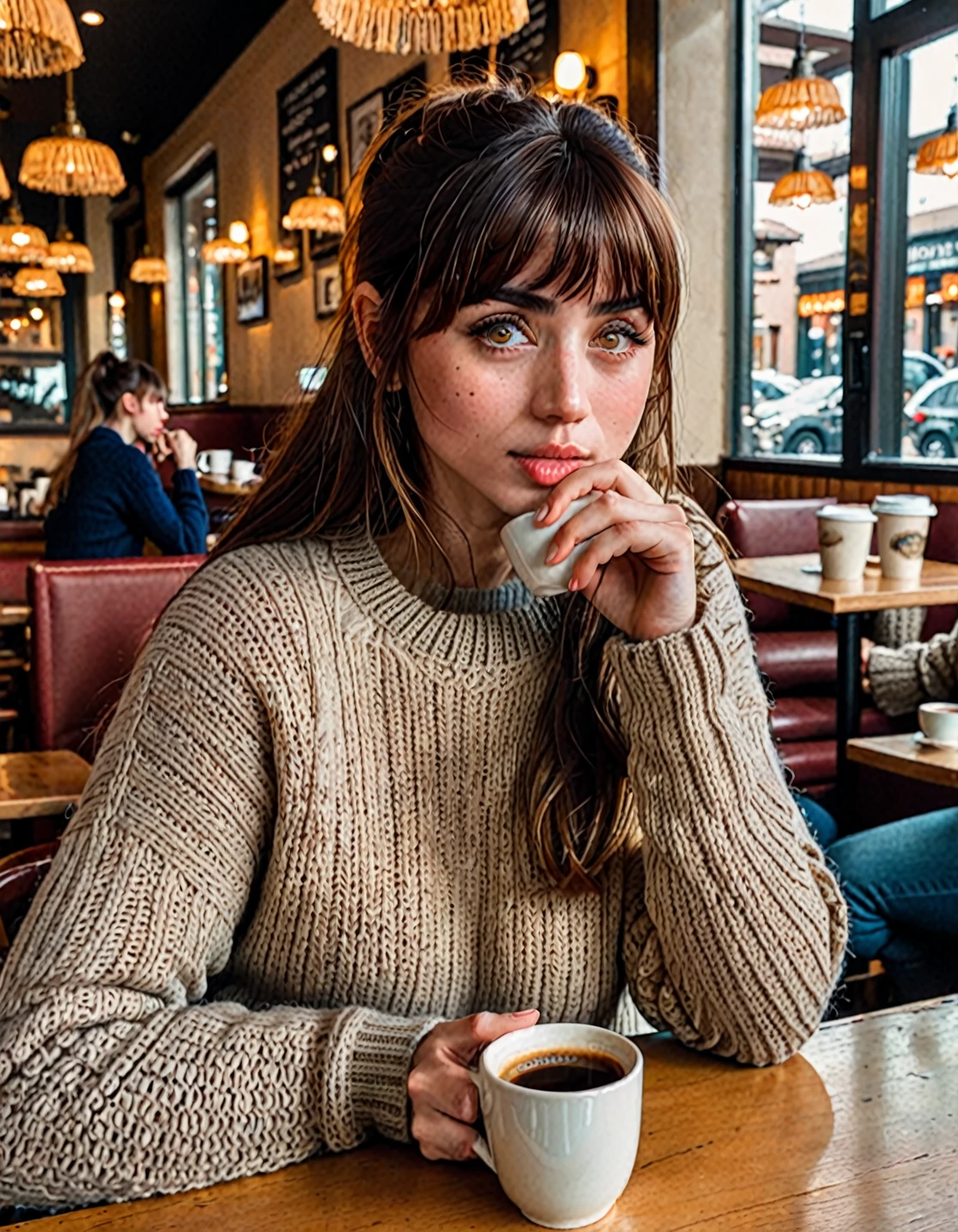 j0i woman, beautiful detailed eyes, beautiful detailed lips, extremely detailed face, long eyelashes, girl with bangs, cozy coffee shop interior, woman sitting at table, holding coffee cup, wearing sweater and jeans, photorealistic, highly detailed, 8k, best quality, masterpiece, hyper realistic, cinematic lighting, warm color tones