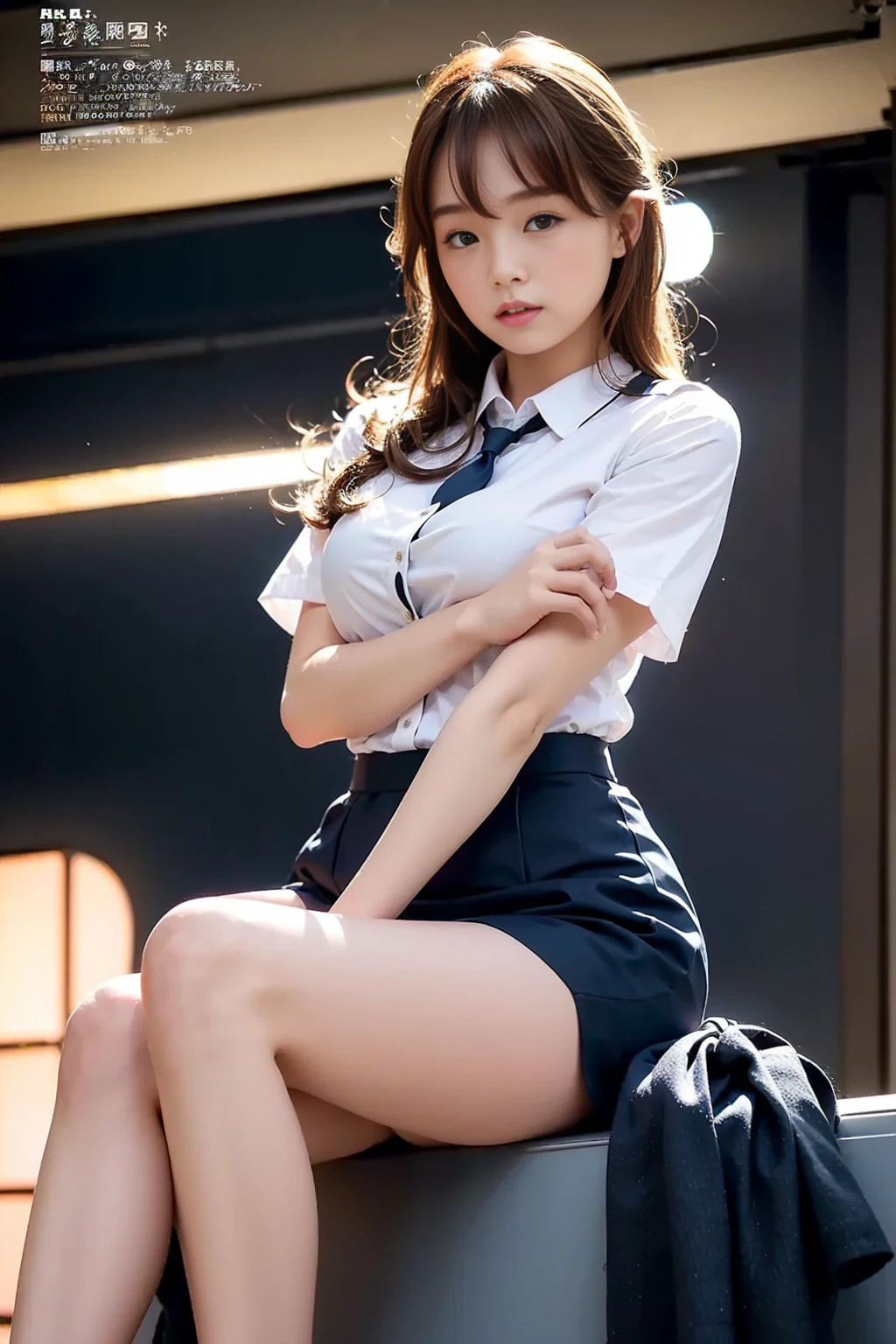 top-quality、8k picture、In a classroom with the sunset shining through the window、One high school girl sitting on a chair、Cute Beautiful Girl、Get on your knees and sit on a chair、White blouses、a short skirt、I can see the white panties、slenderbody、tiny chest、toned legs、Detailed details