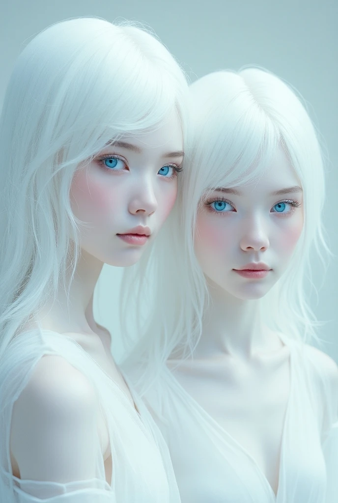 A girl with white hair, a white cat, cat has blue eyes, girl has blue eyes, girl kissing cat , under water, close up,very pale tone, soft lines, tranquility, dreamy, mystic