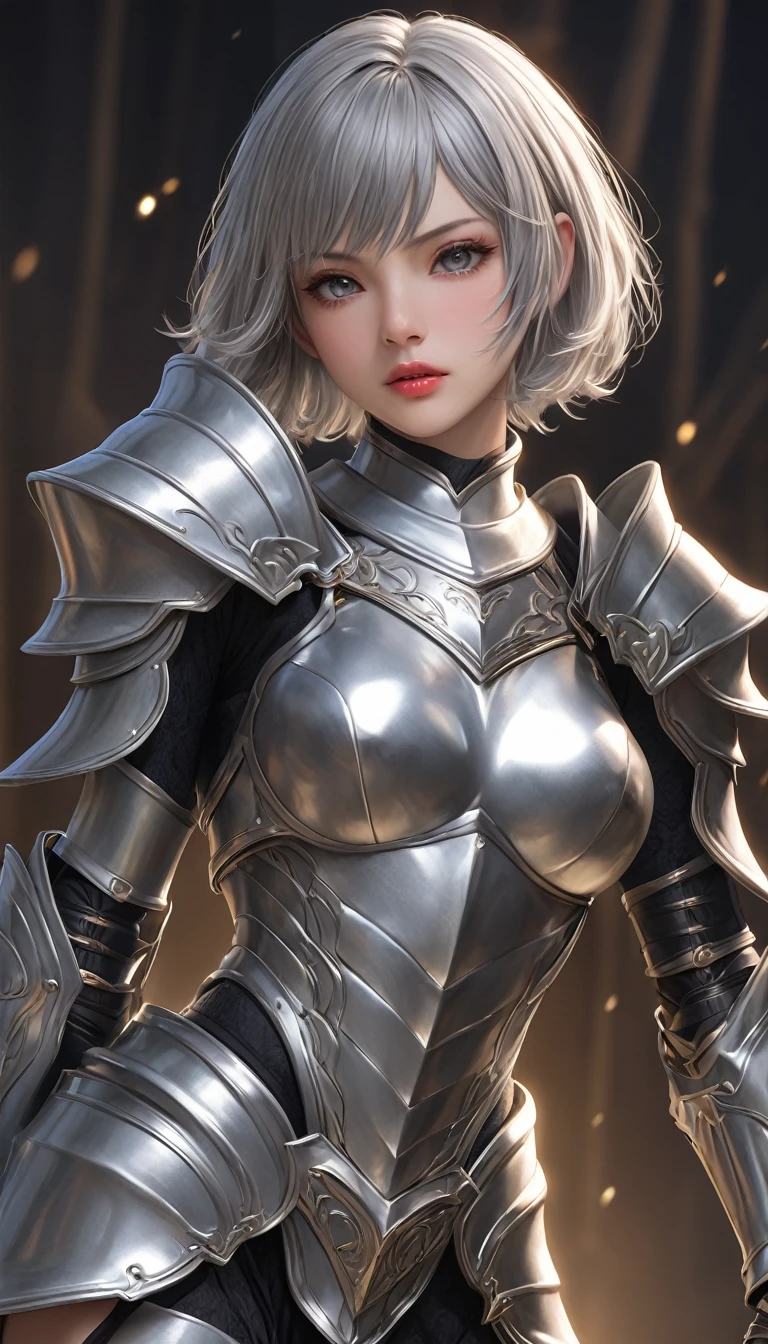 masterpiece,   high resolution on down ,   anatomically correct , 最 high quality,   high detail ,  high definition model ,   very detailed,   high quality,  Ultra High Definition,   Textured Skin, Realistic Skin, Delicate skin, Grey Hair,  Very Short Hair,  Sparkling Eyes,  high resolution on downの目, Adult women, textured lips, 
Wearing armor,
She has a sword in her hand,
 Dramatic Angle ,