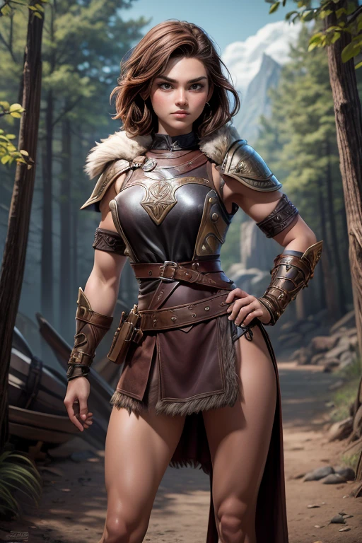  Young Viking woman , short brown hair, ojos marrones, leather armor, top leather straps ,  muscular shirt , fur skirt, bushy eyebrows,  looking at the camera , Epic character composition,  a look of determination,  full body,  masterpiece , super detail,  Natural lighting,  sharp focus,  ultra resolution , bottomless.