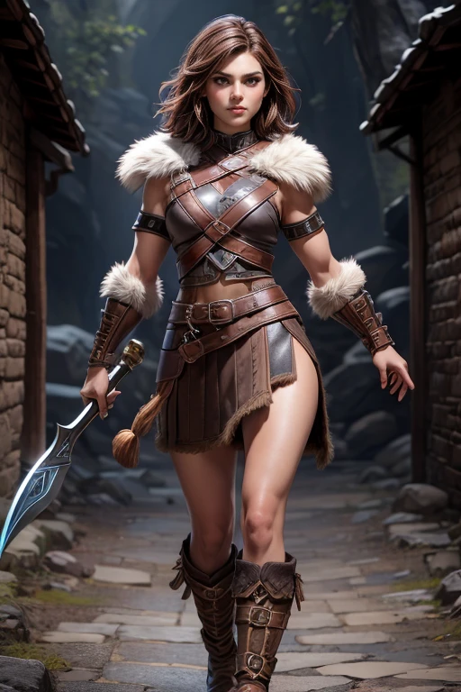  Young Viking woman , short brown hair, ojos marrones, leather armor, top leather straps ,  muscular shirt , fur skirt, bushy eyebrows,  looking at the camera , Epic character composition,  a look of determination,  full body,  masterpiece , super detail,  Natural lighting,  sharp focus,  ultra resolution , bottomless.