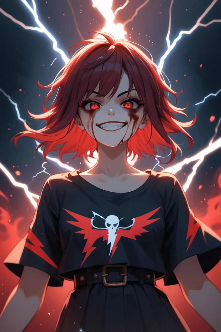 A sexy , flying hair,  red eyes , fire witch, blood on the face, Light particles, lightning bolts, wallpaper, colorful,  high contrast, vampiro, smirk,  malevolent smile ,  psychopathic smile,  psychopathic smile, Slanted head sexy short outfit with a neckline showing some of your boobs