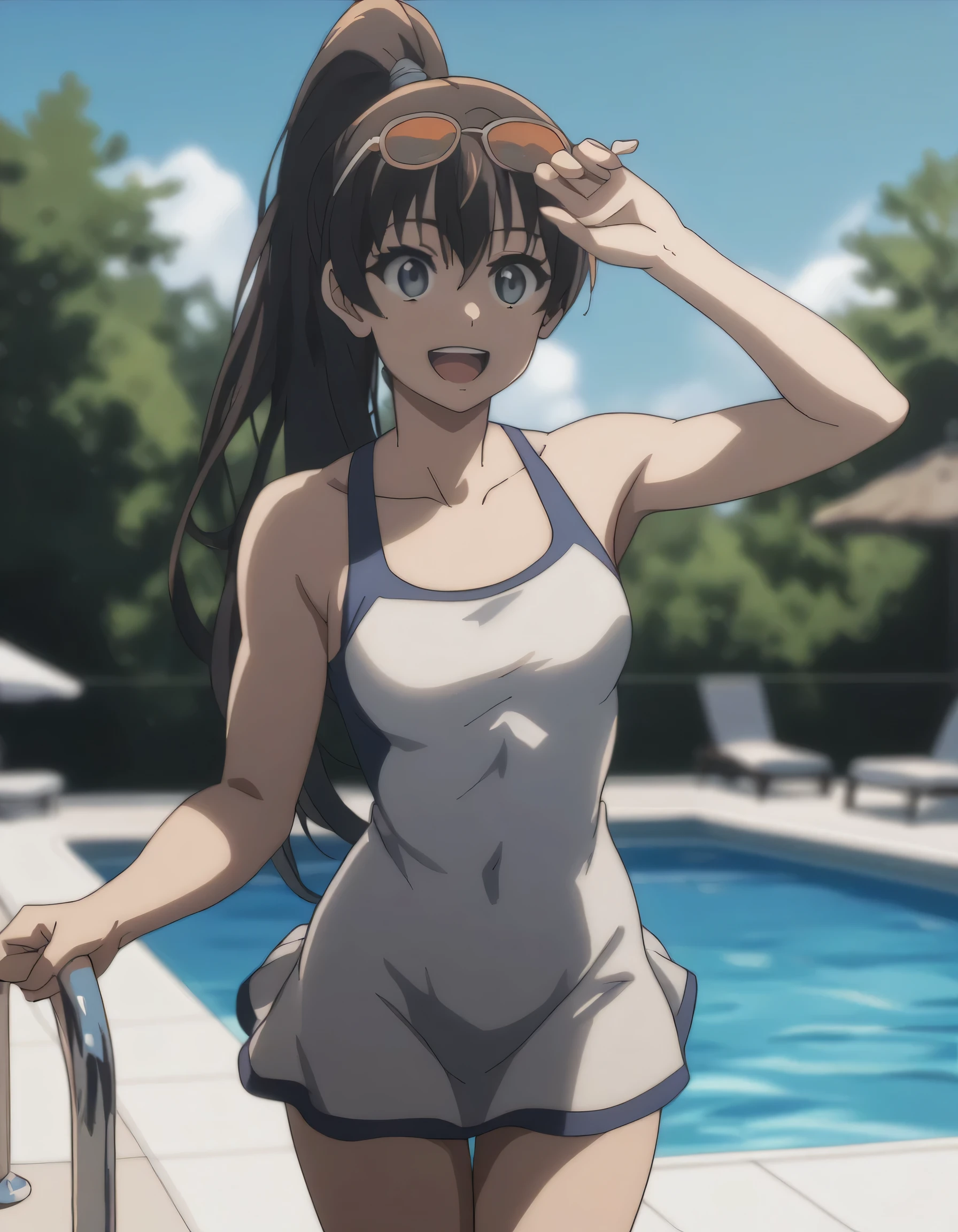 [Hayase Nagatoro], [Don't toy with me, nagatoro], ((masterpiece)), ((HD)), ((high res)), ((solo portrait)), ((waist-up), ((front view)), ((anime)), ((detailed shading)), ((beautiful render art)), ((cinematic lighting)), ((intricate details)), [nagatoro hayase, (cute Japanese woman), (slim figure), (dark skin), long black hair, (cute brown eyes), (glowing eyes), (half-closed eyes), (shadow over eyes), (curvy hips), (devilish grin), (mischievous expression)}, {(blue one-piece swimsuit), (white hairclip)}, {(standing), (looking at viewer)}, [Background; (school yard), (trees), (blue sky), (sun rays)]