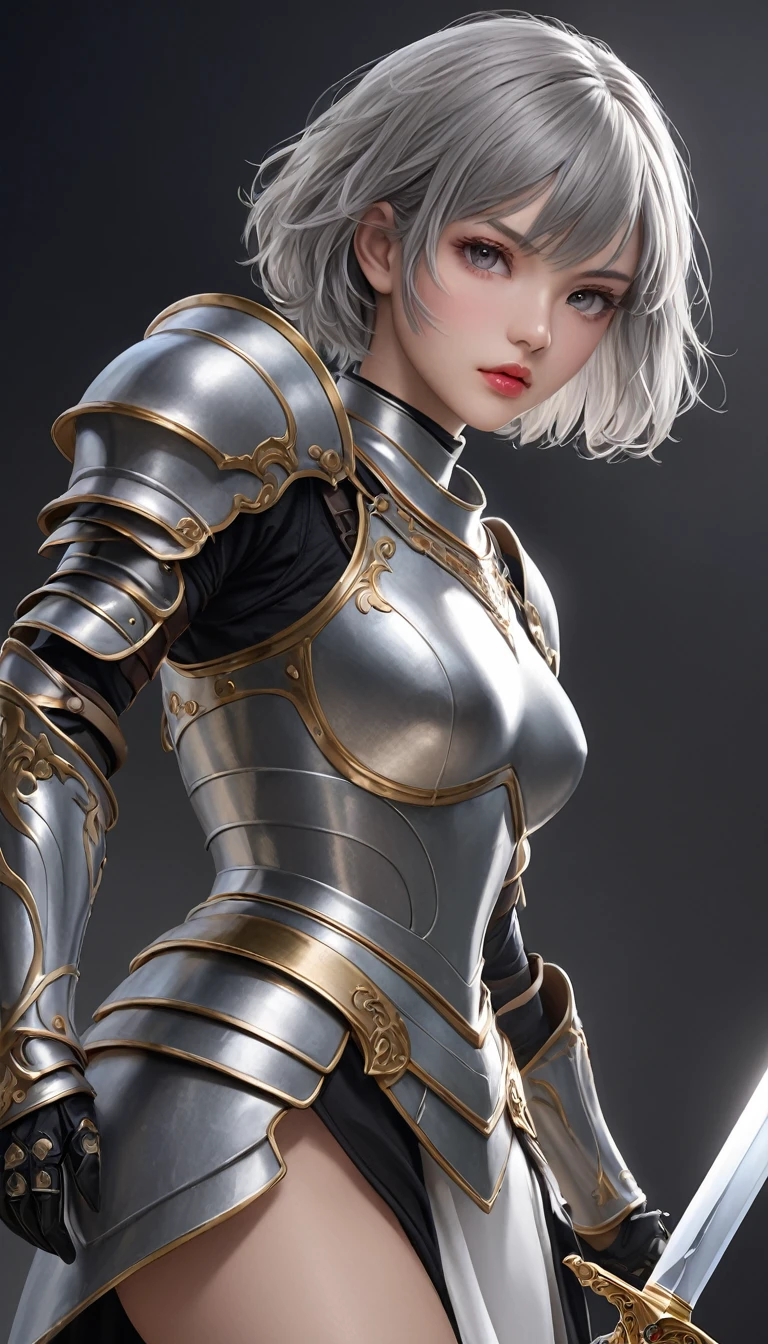 masterpiece,   high resolution on down ,   anatomically correct , 最 high quality,   high detail ,  high definition model ,   very detailed,   high quality,  Ultra High Definition,   Textured Skin, Realistic Skin, Delicate skin, Grey Hair,  Very Short Hair,  Sparkling Eyes,  high resolution on downの目, Adult women, textured lips, 
Wearing armor,
She has a sword in her hand,
 Dramatic Angle 