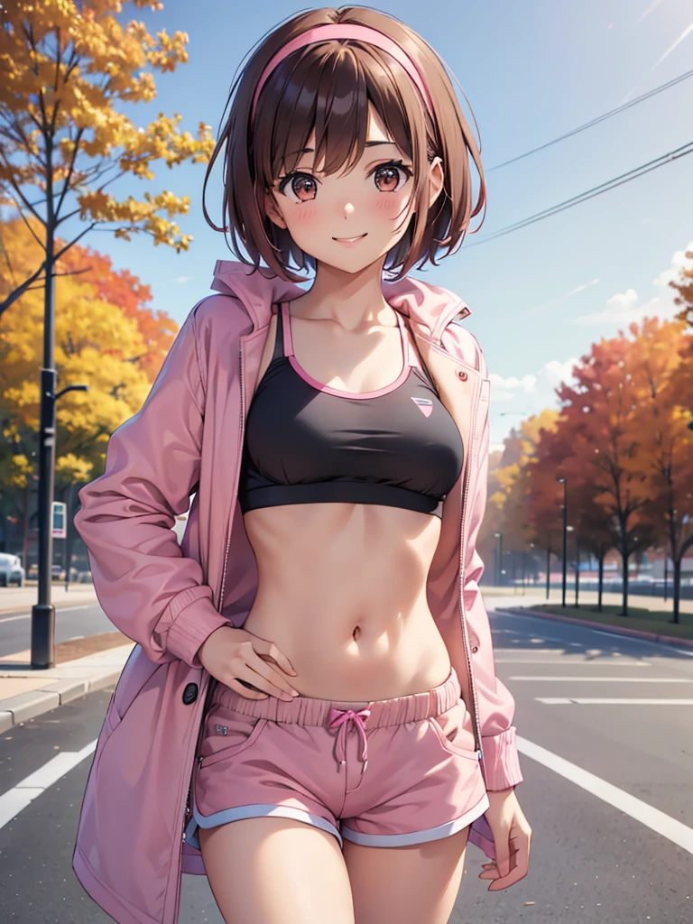 4K,cute, Brown Eyes ,Brown Hair,20-year-old woman,solo, small breasts, pink sports bra , pink shorts, wear pink hair bands,Wearing a coat,smile, short hair , looking at the camera , blurry background, autumn park,