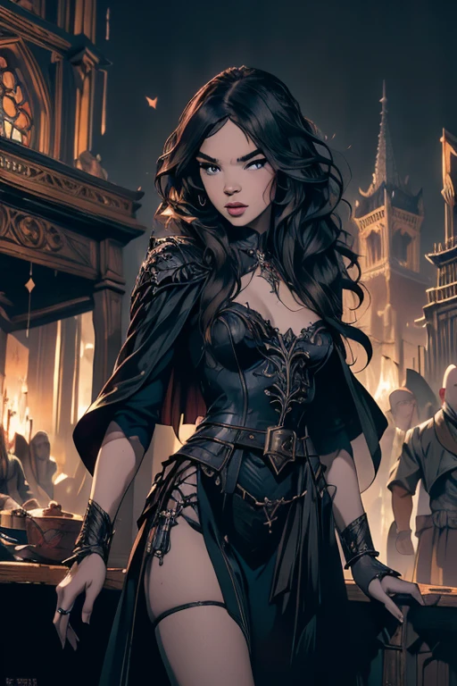 a thorough and realistic depiction of the character Yennefer de Vengerberg, played by the talented actress Anya Chalotra. His piercing gaze captures the viewer's attention, conveying his nationality and power. Her black hair flutters in the wind, framing her angelic face. Wearing Yennefer's original outfit, every detail is meticulously reproduced, from the intricate patterns to the signature adornments. The image shows Yennefer in full body, in an environment of an abandoned medieval city in flames, adding an element of tension and danger. --auto --s2