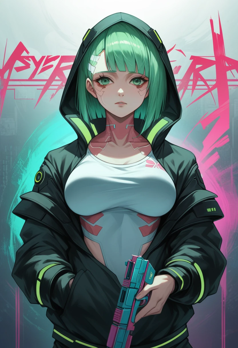  a woman with green eyes and a black jacket holding a gun, cyberpunk anime art, chica anime cyberpunk, best anime 4k konachan wallpaper, anime girl cyberpunk mech, female cyberpunk anime girl, cyberpunk anime art, anime style 4k , digital cyberpunk anime art, Cyberpunk Anime Girl with Hoodie, Anime Wallpaper 4k, Anime wallpaper 4 k, cyberpunk anime Big Breast 
