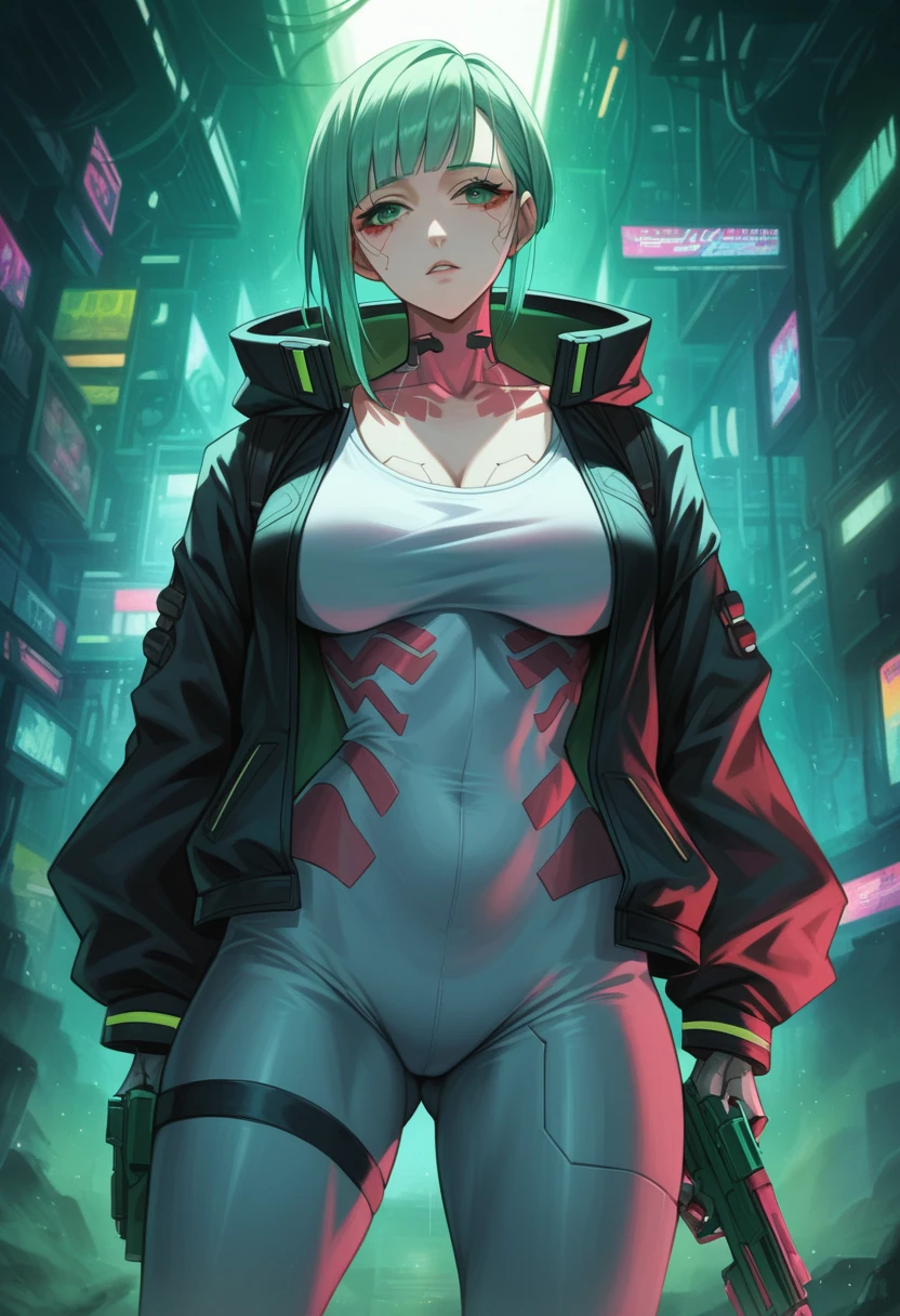  a woman with green eyes and a black jacket holding a gun, cyberpunk anime art, chica anime cyberpunk, best anime 4k konachan wallpaper, anime girl cyberpunk mech, female cyberpunk anime girl, cyberpunk anime art, anime style 4k , digital cyberpunk anime art, Cyberpunk Anime Girl with Hoodie, Anime Wallpaper 4k, Anime wallpaper 4 k, cyberpunk anime Big Breast 
