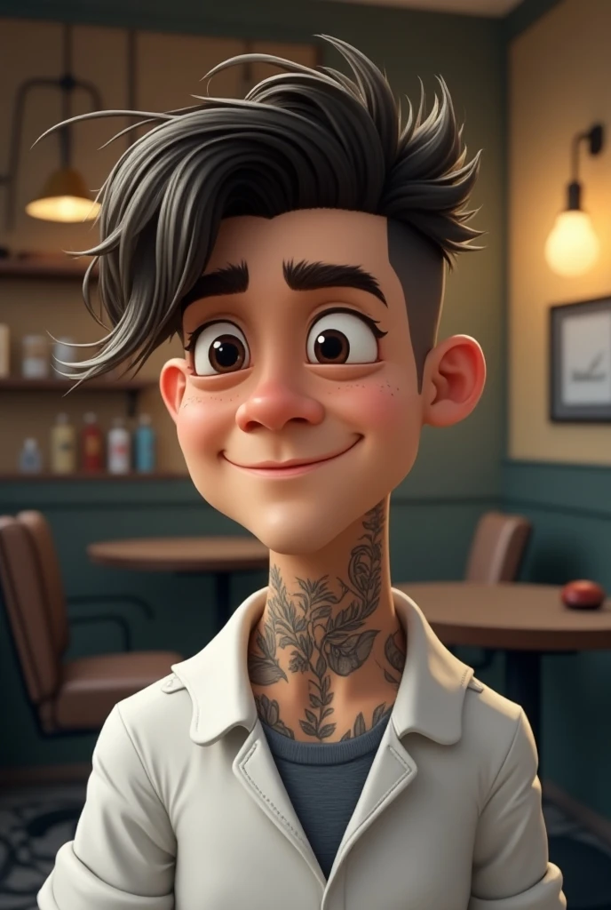 Pixar-style: Young white man, with almost bald light brown hair, greeneyes, white t-shirt and arms full of colorful tattoos smiling