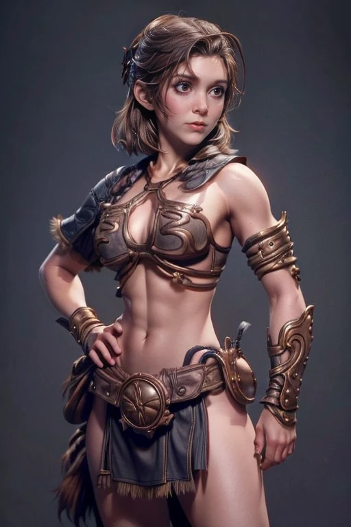  Young Viking woman , short brown hair, ojos marrones, leather armor, top leather straps ,  muscular shirt , fur skirt, bushy eyebrows,  looking at the camera , Epic character composition,  a look of determination,  full body,  masterpiece , super detail,  Natural lighting,  sharp focus,  ultra resolution , bottomless.