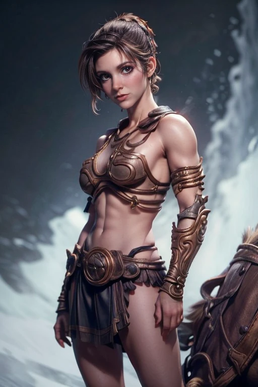  Young Viking woman , short brown hair, ojos marrones, leather armor, top leather straps ,  muscular shirt , fur skirt, bushy eyebrows,  looking at the camera , Epic character composition,  a look of determination,  full body,  masterpiece , super detail,  Natural lighting,  sharp focus,  ultra resolution , bottomless.