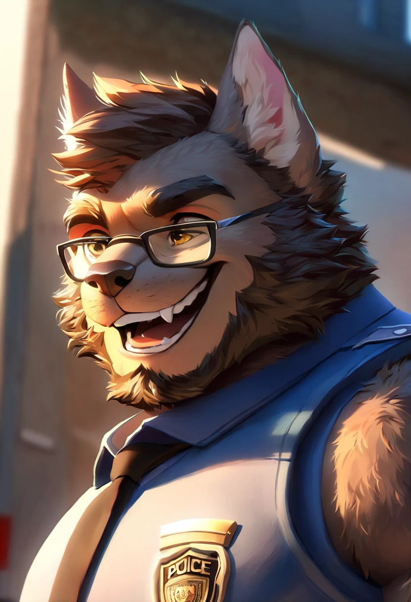  high res,  Paid rewards available ,  An incomparable masterpiece , street( high detail beautiful face and eyes) ridiculous results ,  perfect anatomy, Well lit , Volumetric Lighting,  Cinematic Shadows ( Angelic Handsome 1Boy , beast, Single focus, Single, muscle man, beard, dignified, Laughter,  glasses)( furry anthropomorphic :1.7)( furry body,  Dog Facial Features ,  Dog Physical Characteristics )( very detailed body hair ) dynamic posture, ((police officer, black))muscle, Facial hair, shirt,