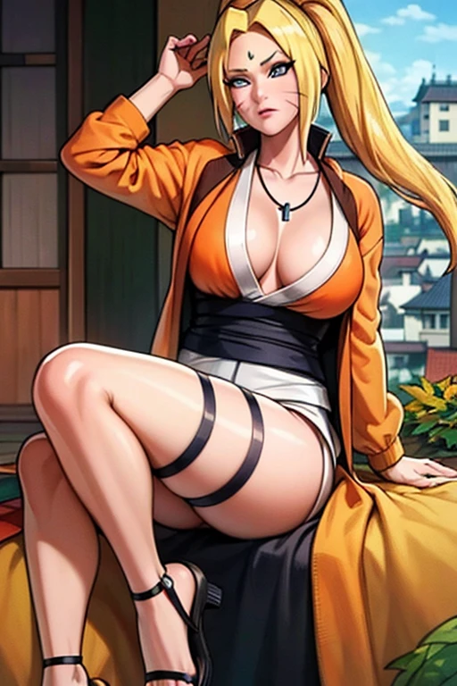 {{masterpiece, ultra-high quality, ultra detailed,}} 1girl, Perfect Character Fusion, Blond, Naurko Uzumaki, Tsunade Senju, Outfit fusion, necklace, large boobs, whisker like marks, orange jacket, sandals, Japanese buildings, autumn leaves, 
