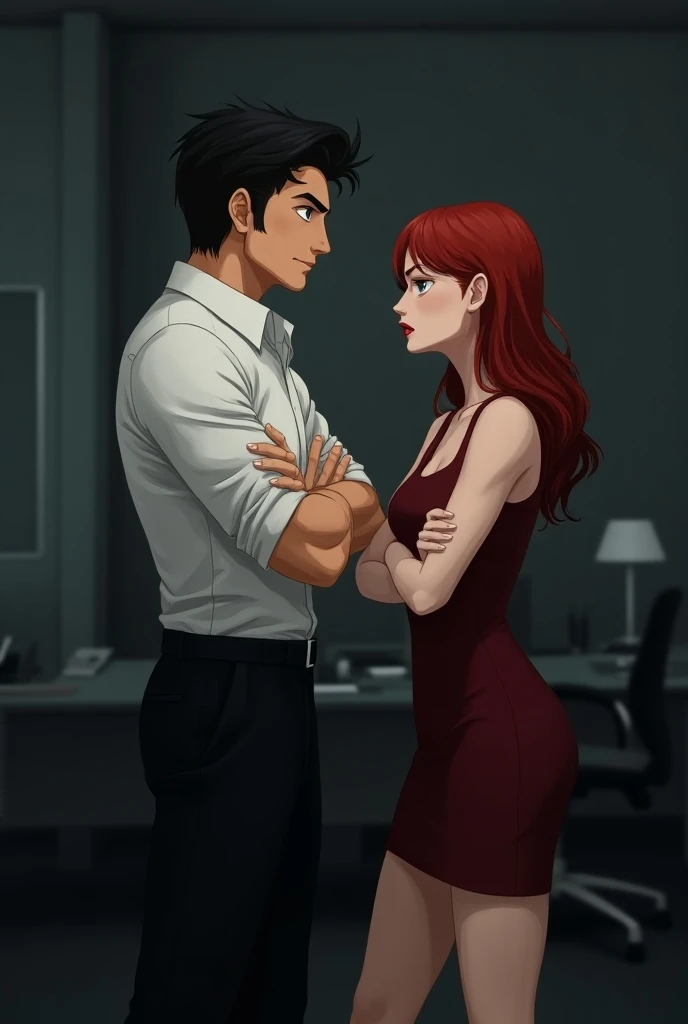 Not very strong red haired girl sitting on an armchair, He has a slight smile and his eyes are filled with resentment., She has a man behind her who grabs her by the shoulders, He is black-haired, He has a cold and serious look, has a suit. The girl is 18 and the boy is 25