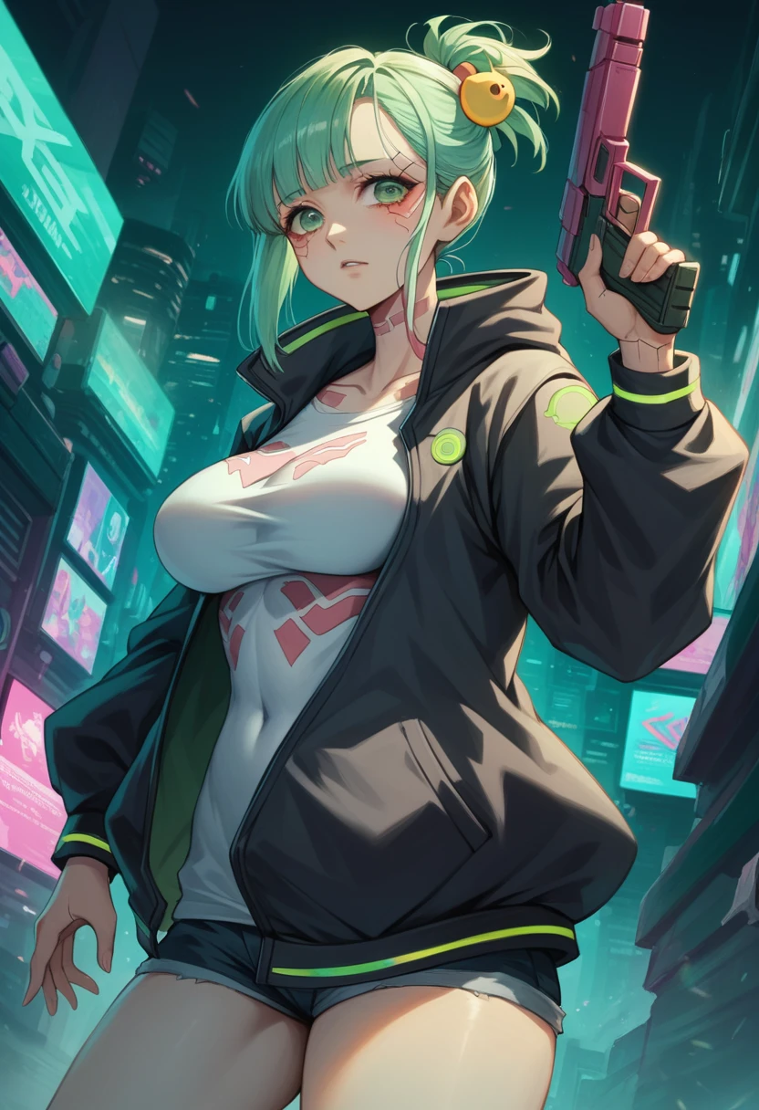  a woman with green eyes and a black jacket holding a gun, cyberpunk anime art, chica anime cyberpunk, best anime 4k konachan wallpaper, anime girl cyberpunk mech, female cyberpunk anime girl, cyberpunk anime art, anime style 4k , digital cyberpunk anime art, Cyberpunk Anime Girl with Hoodie, Anime Wallpaper 4k, Anime wallpaper 4 k, cyberpunk anime Big Breast 
