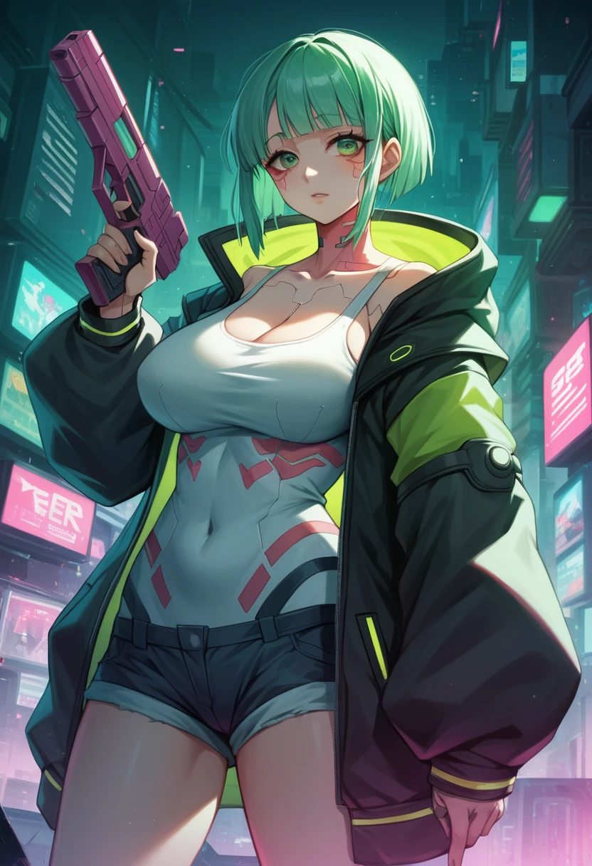  a woman with green eyes and a black jacket holding a gun, cyberpunk anime art, chica anime cyberpunk, best anime 4k konachan wallpaper, anime girl cyberpunk mech, female cyberpunk anime girl, cyberpunk anime art, anime style 4k , digital cyberpunk anime art, Cyberpunk Anime Girl with Hoodie, Anime Wallpaper 4k, Anime wallpaper 4 k, cyberpunk anime Big Breast 
