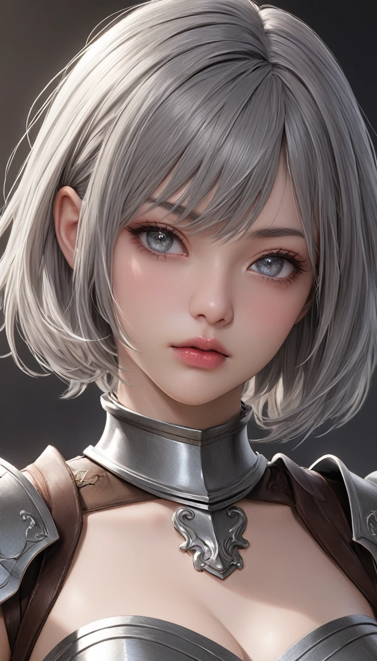 masterpiece,   high resolution on down ,   anatomically correct , 最 high quality,   high detail ,  high definition model ,   very detailed,   high quality,  Ultra High Definition,   Textured Skin, Realistic Skin, Delicate skin, Grey Hair,  Very Short Hair,  Sparkling Eyes,  high resolution on downの目, Adult women, textured lips, 
Wearing armor,
She has a sword in her hand,
 Dramatic Angle ,