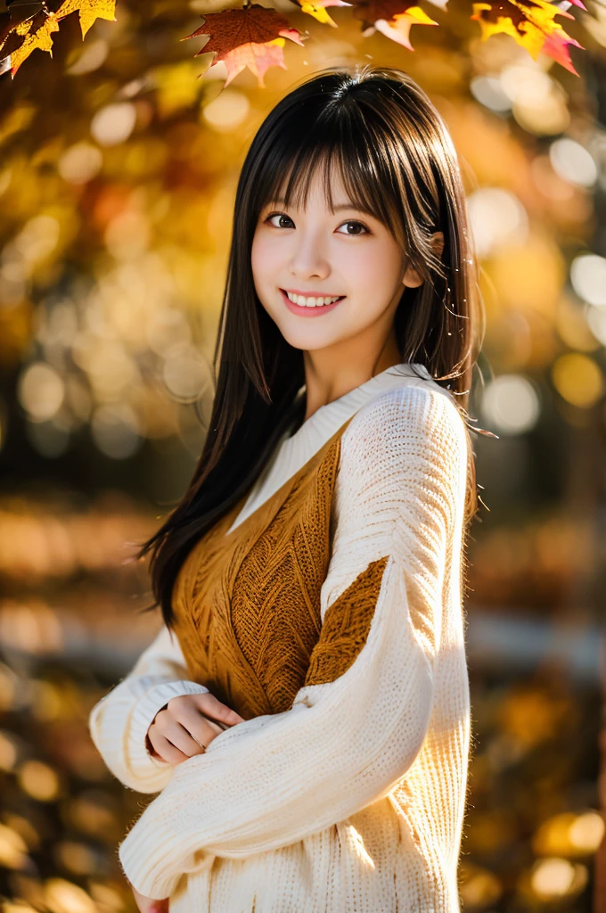 Happy smile seeing this、Under the Autumn Sky、Colorful sweaters、Highest quality、masterpiece、Ultra-high resolution、(Photorealistic:1.4)、One Girl、shoulder、attractive、looking at the camera、