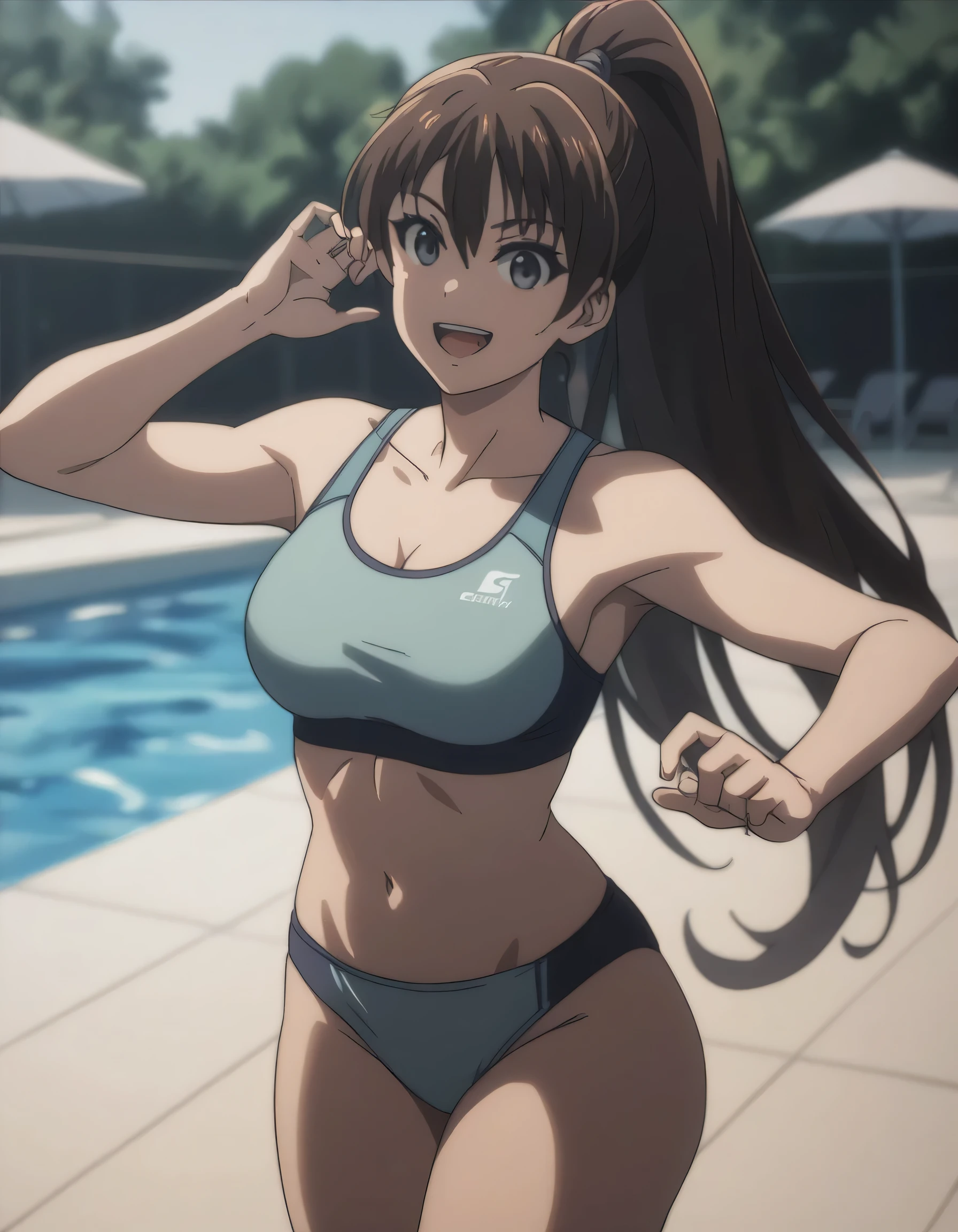 Koyomi Mizuhara, long brunette hair, glasses eyes, ears, nose, mouth, hands, Big breasts, medium ass, Tight tank top and tight booty shorts, shoes, white underwear, white bra strap, holding to the pole, ass cheeks, view from behind, bending over, guy gropes koyomi from behind part 3, sticking her butt out to a pervert boyfriend girl in heat, tight ass, from behind her ass,