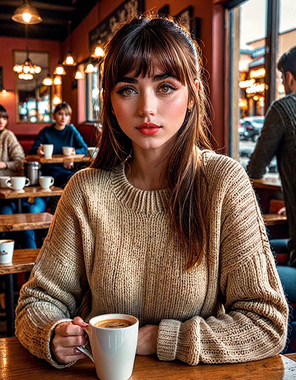 j0i woman,20 years old , beautiful detailed eyes, beautiful detailed lips, extremely detailed face, long eyelashes, girl with bangs, cozy coffee shop interior, woman sitting at table, holding coffee cup, wearing sweater and jeans, photorealistic, highly detailed, 8k, best quality, masterpiece, hyper realistic, cinematic lighting, warm color tones