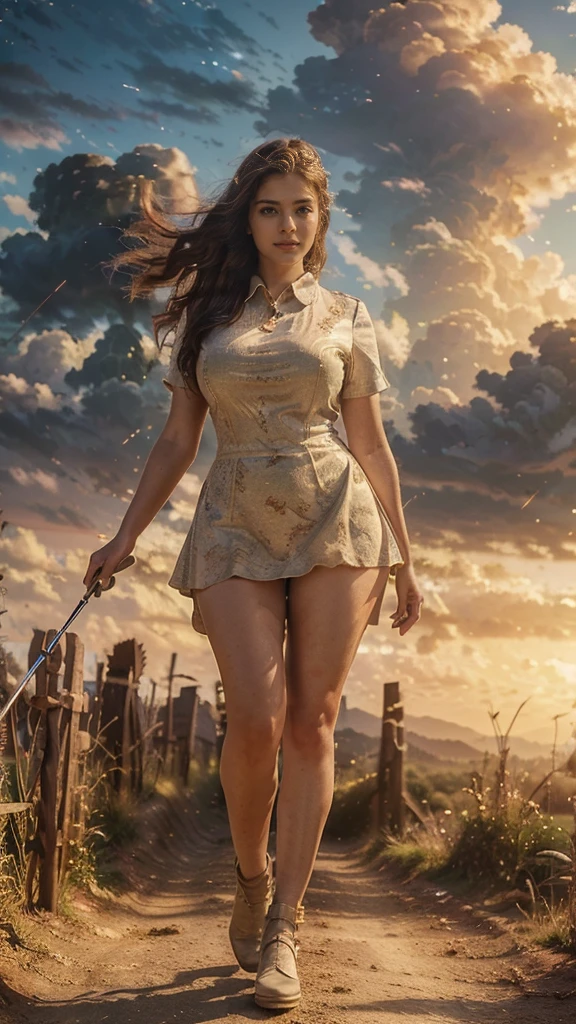 ((best quality)), ((masterpiece)), (detailed),the beautiful of heaven ,perfect face detail,full body curvy,a woman walking down a dirt road, fantasy woman,fantasy golfen skydepth of field, 8k, hdr, professional lighting, taken with canon eos r5, 75mm lens