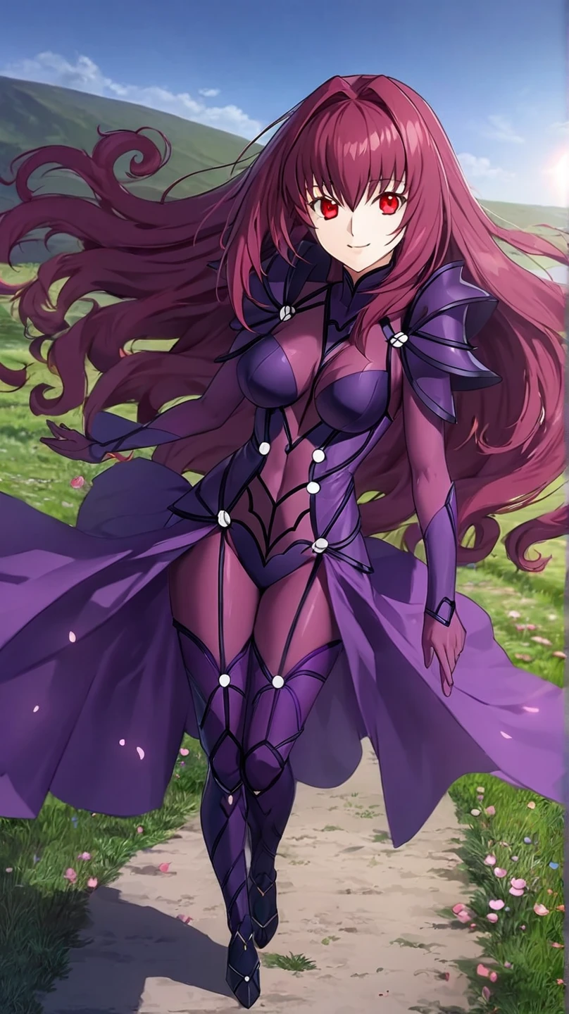 Masterpiece, top quality, very cute and beautiful girl, beautiful face and eyes, beautiful hair, solo, 1 woman, full body drawing, dynamic angle, (purple tight suit: 1.3), (large spear: 1.3), beautiful breastplate, wine red hair, long hair that reaches to the waist, long legs, fresh breeze, in the sun through the trees,