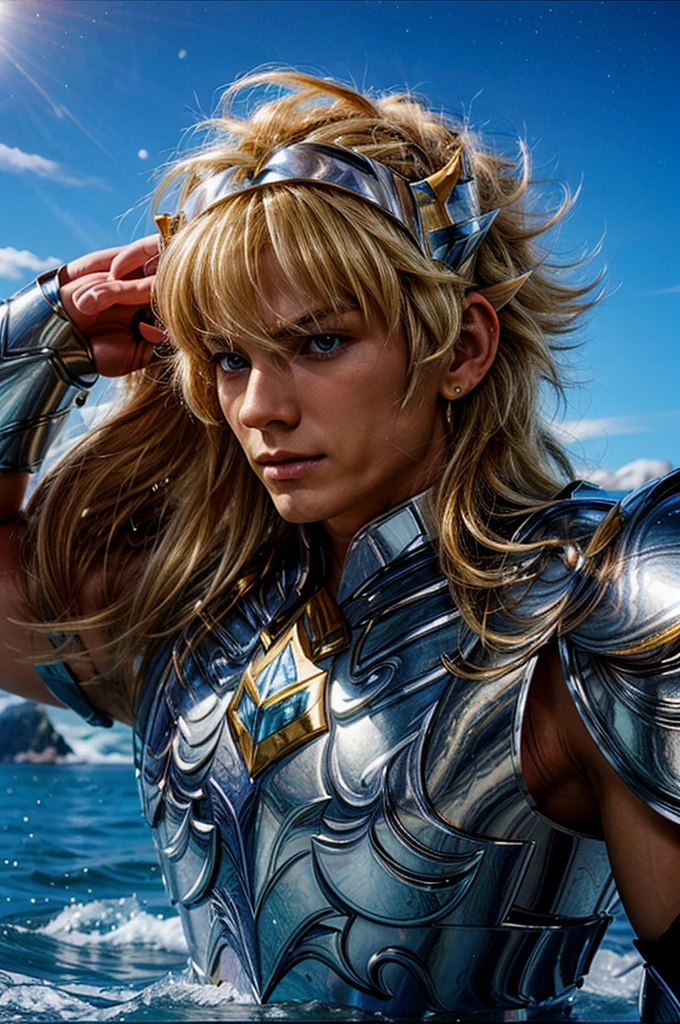 Hyoga,  saint seiya, Armor, Blonde hair, masculine,   facial expression of seriousness ,  masculine,  scenario: Iceberg and sea,  high quality,  8k