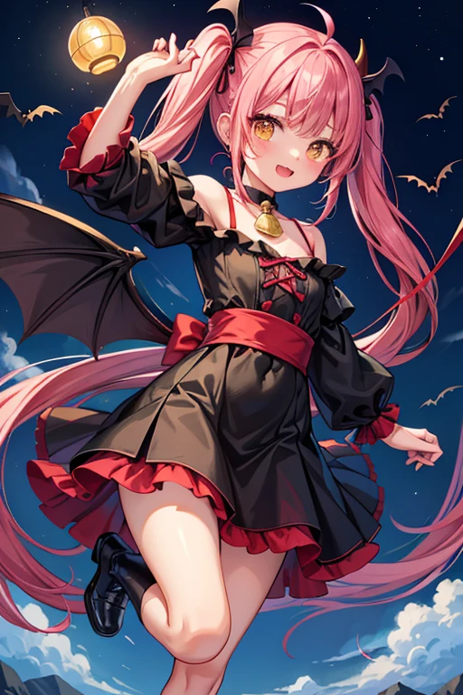 very cute devil and angel、 girl(2 people)、(Breast size according to age)、standing position、full body shot、You can see the shape of the nipple from the top of the clothes、not wearing panties、background starry sky、Red Moon、