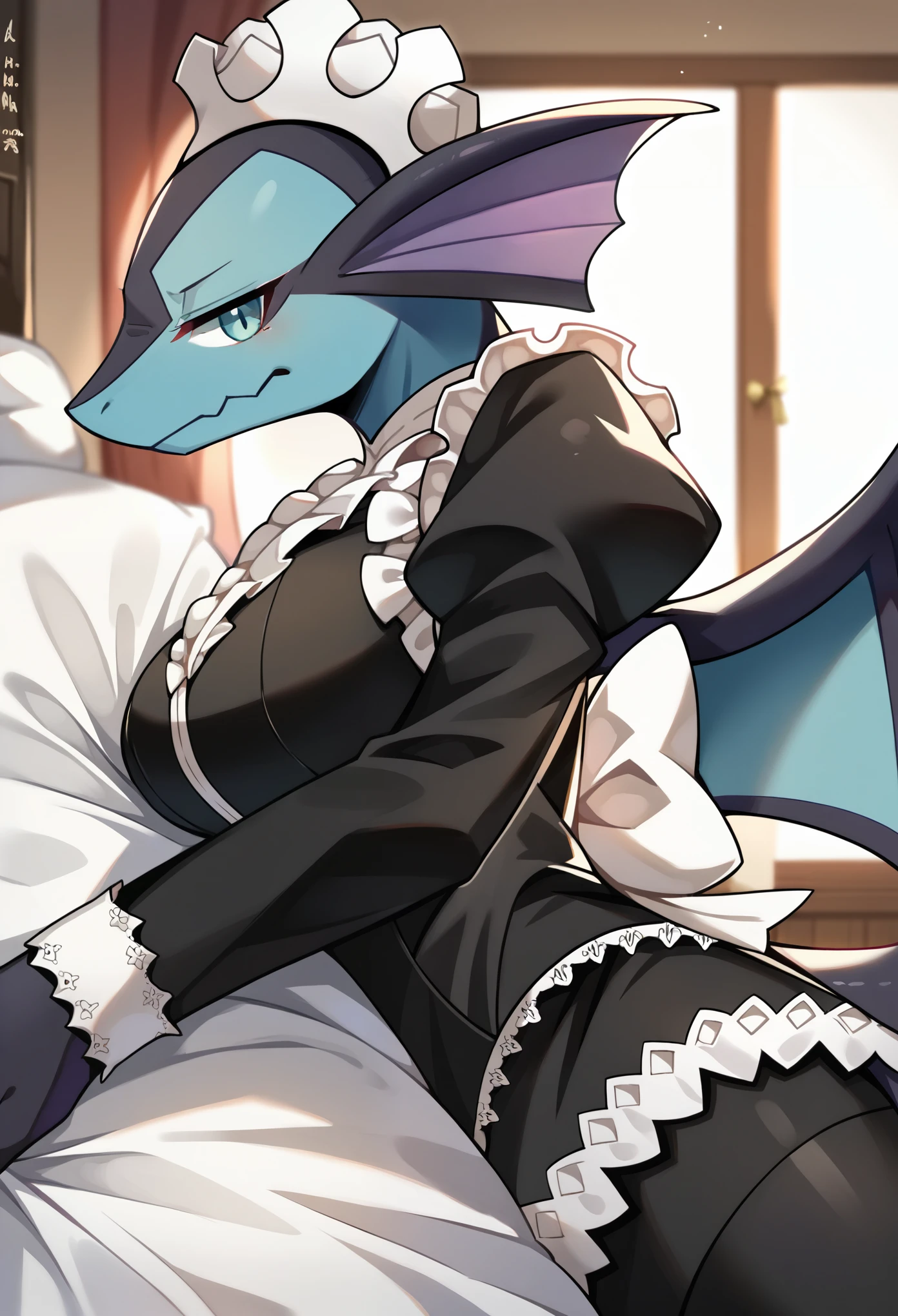 uploaded on e621, (r-mk, rmtwo, bioz, kakiikada, anawat, katahane3), female, solo, anthro, ear fin, fur, scalie, pokemon, noivern, maid, black body, maid apron, long black maid uniform, uniform, clothing, white headwear, white panties, long black maid dress, black maid topwear, black thigh highs, purple areola, thin body, thick thight, wide hips, tail, wings, big large breasts, natural breasts, hidden breasts, looking at the viewer, unimpressed, looking down the viewer, bedroom setting, on a bed, close-up, bust-portrait, upper-body, laying on a bed, on a bed, side view, crossing hands,