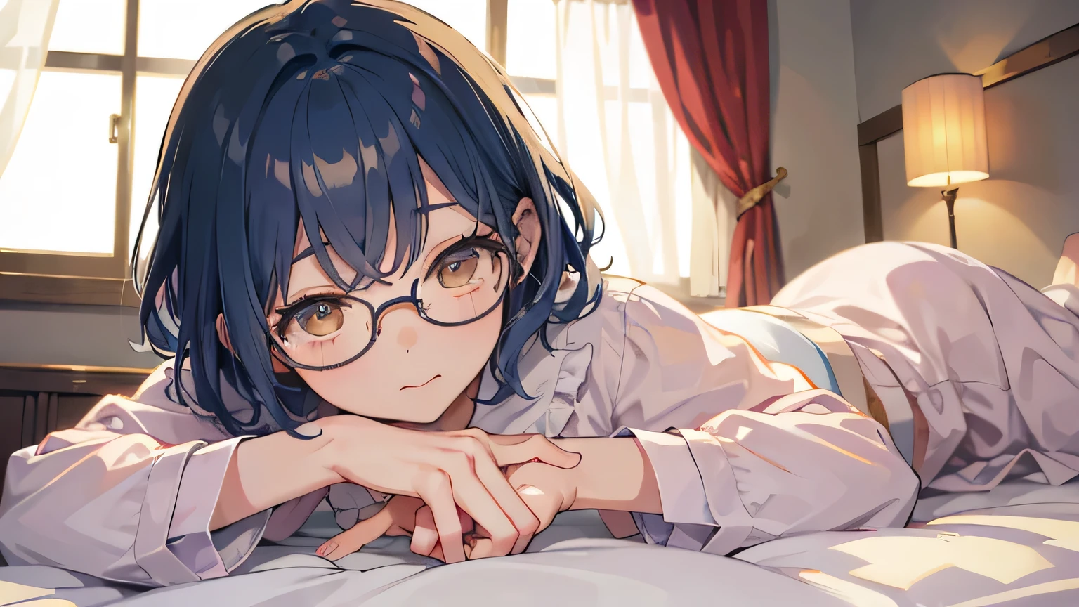 ( Best Quality )), ((masterpiece)), (  Details), wallpaper、very Details 、(((very Details な目と顔)))、masterpiece、Best Quality、Curly hair、 with glasses in her hands, lying face down on the bed in fluffy white pajamas、 Long Sleeve 、眼鏡を手にしている、Waking up、  To Details, Movement angle ,  bright colors, whole body,  trying to put on glasses,  short hair , Blue Hair Color,４０age, Delicate fingertips,