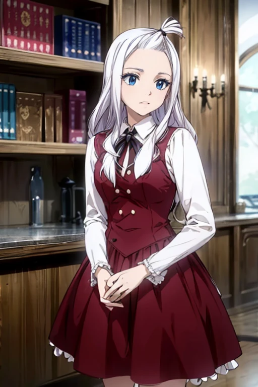 (Best Quality, 4k, 8k, Hi-Res, Masterpiece: 1.2), Ultra-Detailed, Realistic, Photorealistic: 1.37, Mirajane Strauss, beautiful woman with long straight wavy white hair and blue eyes, with a beautiful smile, wearing a beautiful long-sleeved black dress 