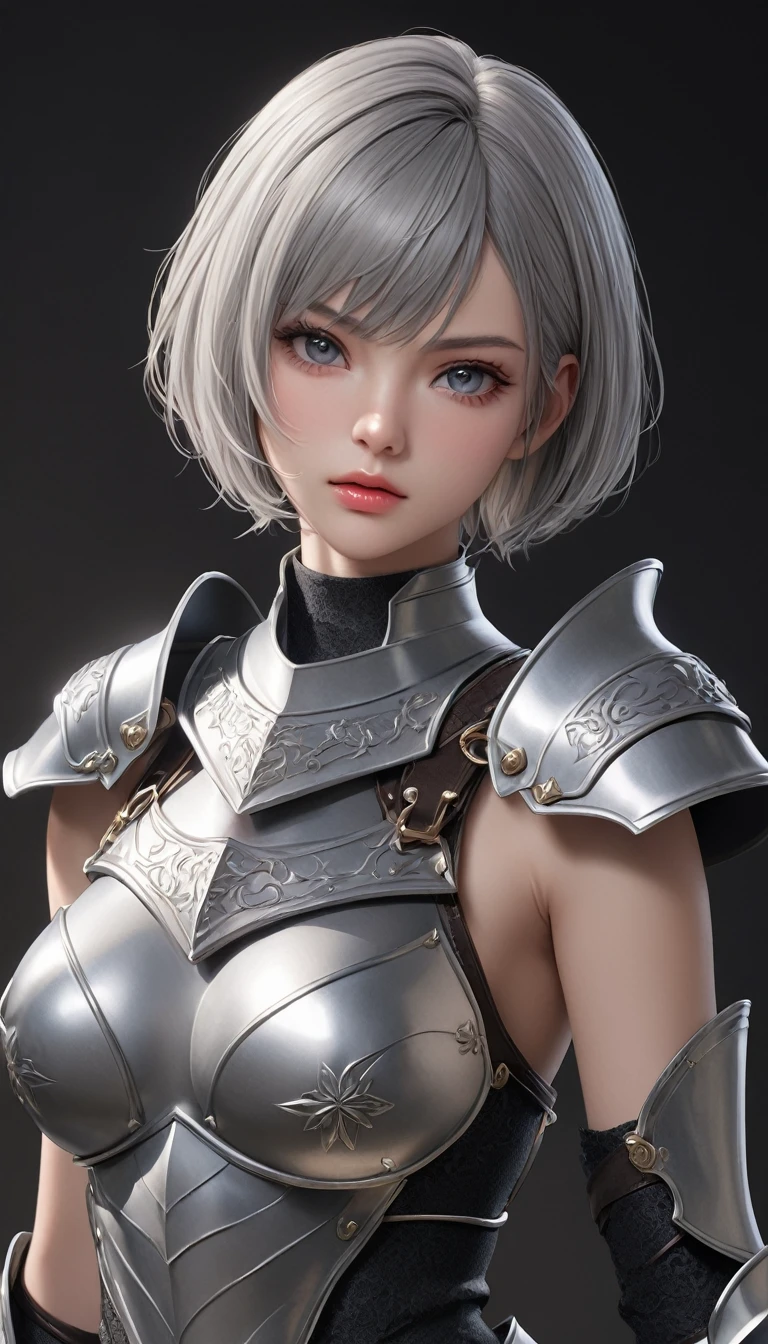 masterpiece,   high resolution on down ,   anatomically correct , 最 high quality,   high detail ,  high definition model ,   very detailed,   high quality,  Ultra High Definition,   Textured Skin, Realistic Skin, Delicate skin, Grey Hair,  Very Short Hair,  Sparkling Eyes,  high resolution on downの目, Adult women, textured lips, 
Wearing armor,
She has a sword in her hand,
 Dramatic Angle ,