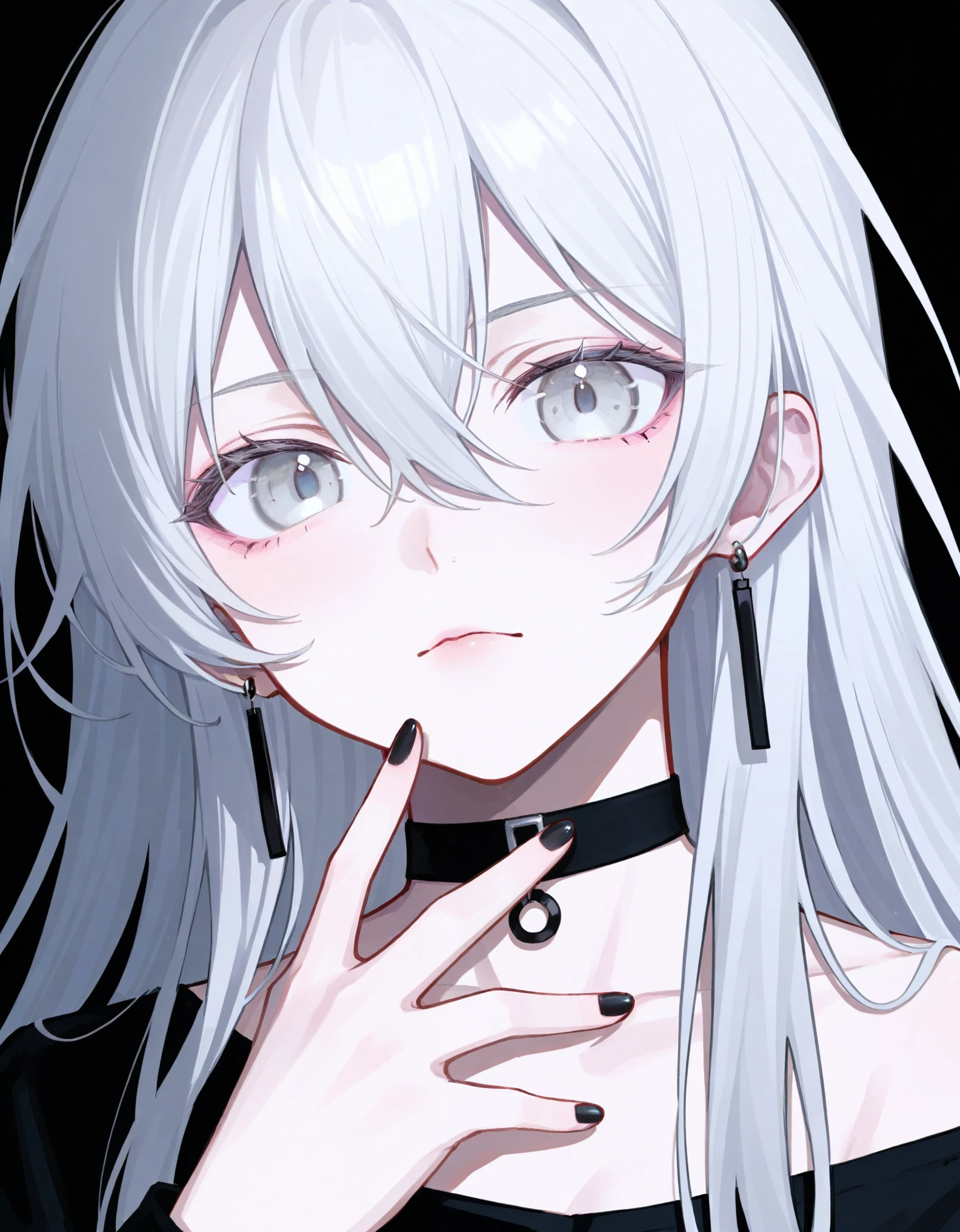 score_9, score_8_up, score_7_up, 1girl, solo, black nails, white eyes, long hair, looking at viewer, white hair, choker, black choker, hair between eyes, nail polish, grey eyes, closed mouth, fingernails, upper body, jewelry, earrings