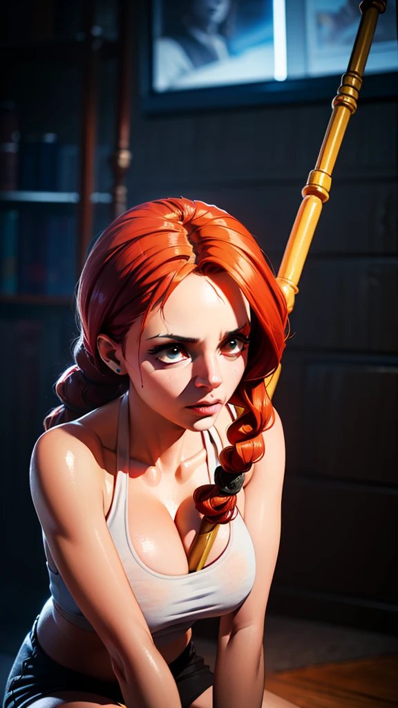 a girl with long orange hair, extremely large breasts, wearing a short tight white top and white tight thong, kneeling and cleaning a dirty floor on a pirate ship, pointy nipples visible through the top, (best quality,4k,8k,highres,masterpiece:1.2),ultra-detailed,(realistic,photorealistic,photo-realistic:1.37),highly detailed face, extremely detailed eyes and face, longeyelashes, extremely detailed breasts, extremely detailed pirate ship, chiaroscuro lighting, dramatic lighting, vibrant colors, cinematic composition