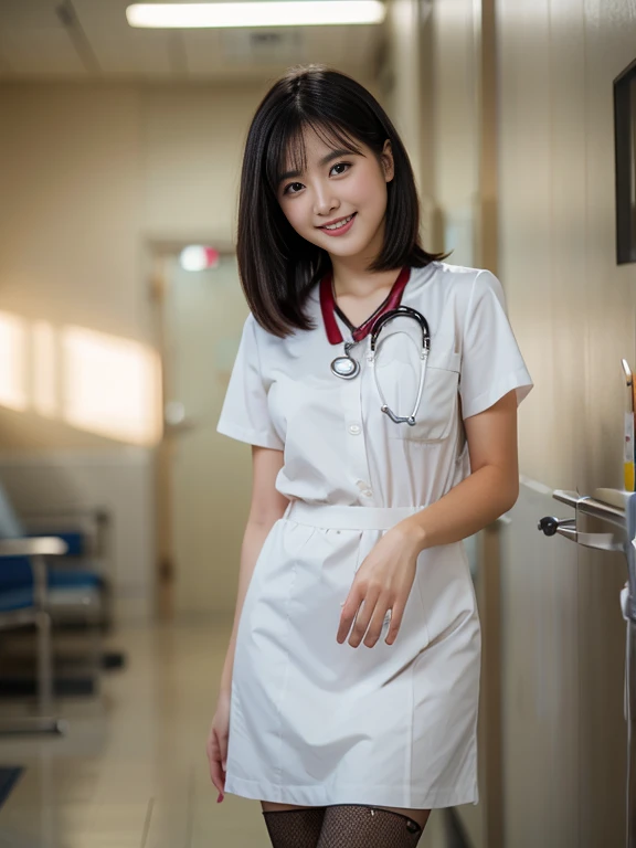 Masterpiece, top quality, high quality, high resolution, high quality textures, high quality shadows, high detail, realistic, cinematic lights, side lights, lens flares, ray tracing, sharp focus, beautiful young girl, (1girl, 21yo, solo), with black hair, elegant, semi-long bob cut, nurse, hospital, wearing (white nursing uniform, white nursing skirt, white lace pantyhose). A stethoscope worn from the neck. Standing, slim thighs, small breasts, slim, long eyelashes, white sneakers, smile, beauty, Realism, Photorealistic,