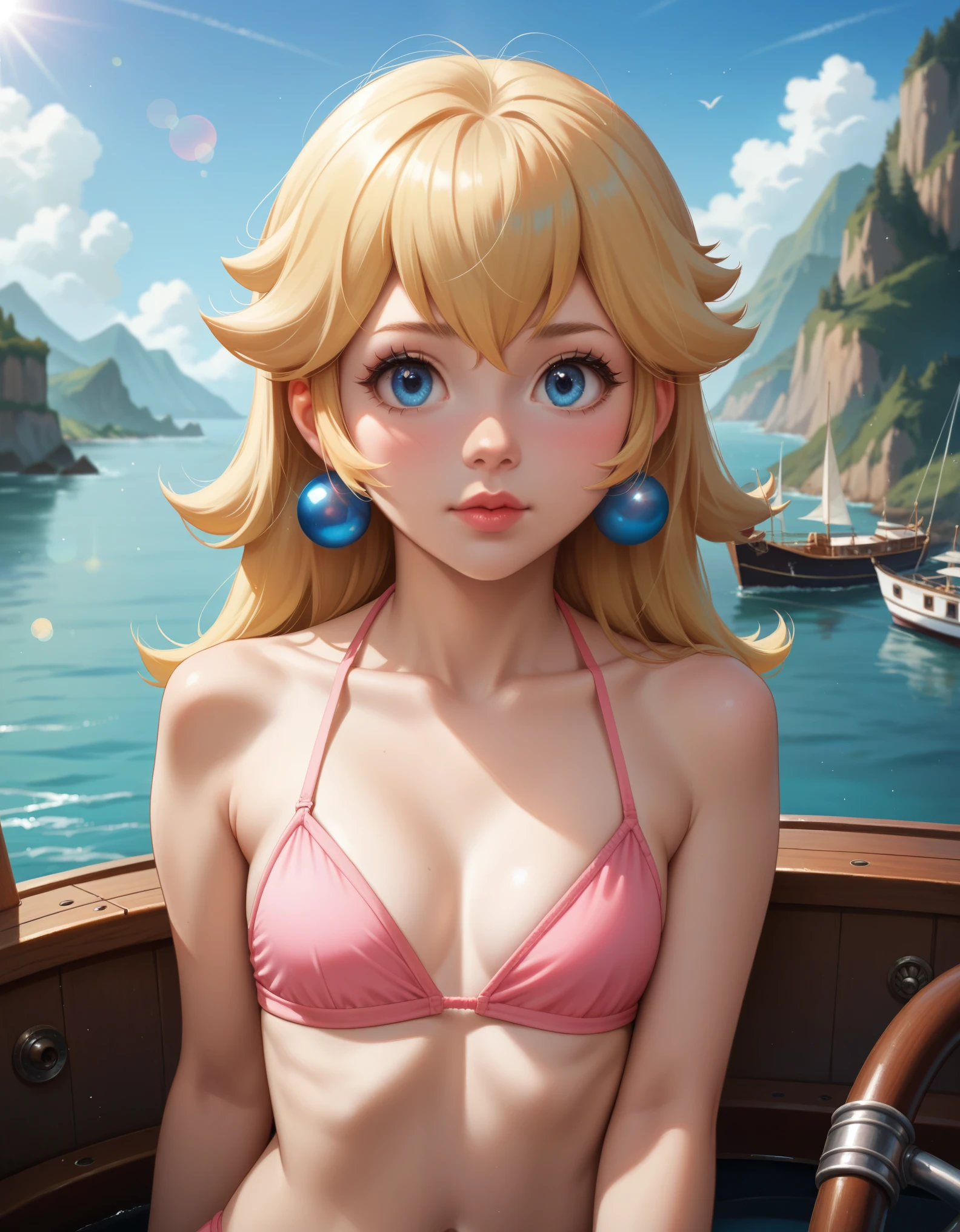 score_9, score_8_up, score_7_up, source_furry, rating_safe, ((princess peach)), blonde hair, small breasts, pink bikini,  bare legs, cleavage, embarrassed, close up portrait, island, boats, bokeh