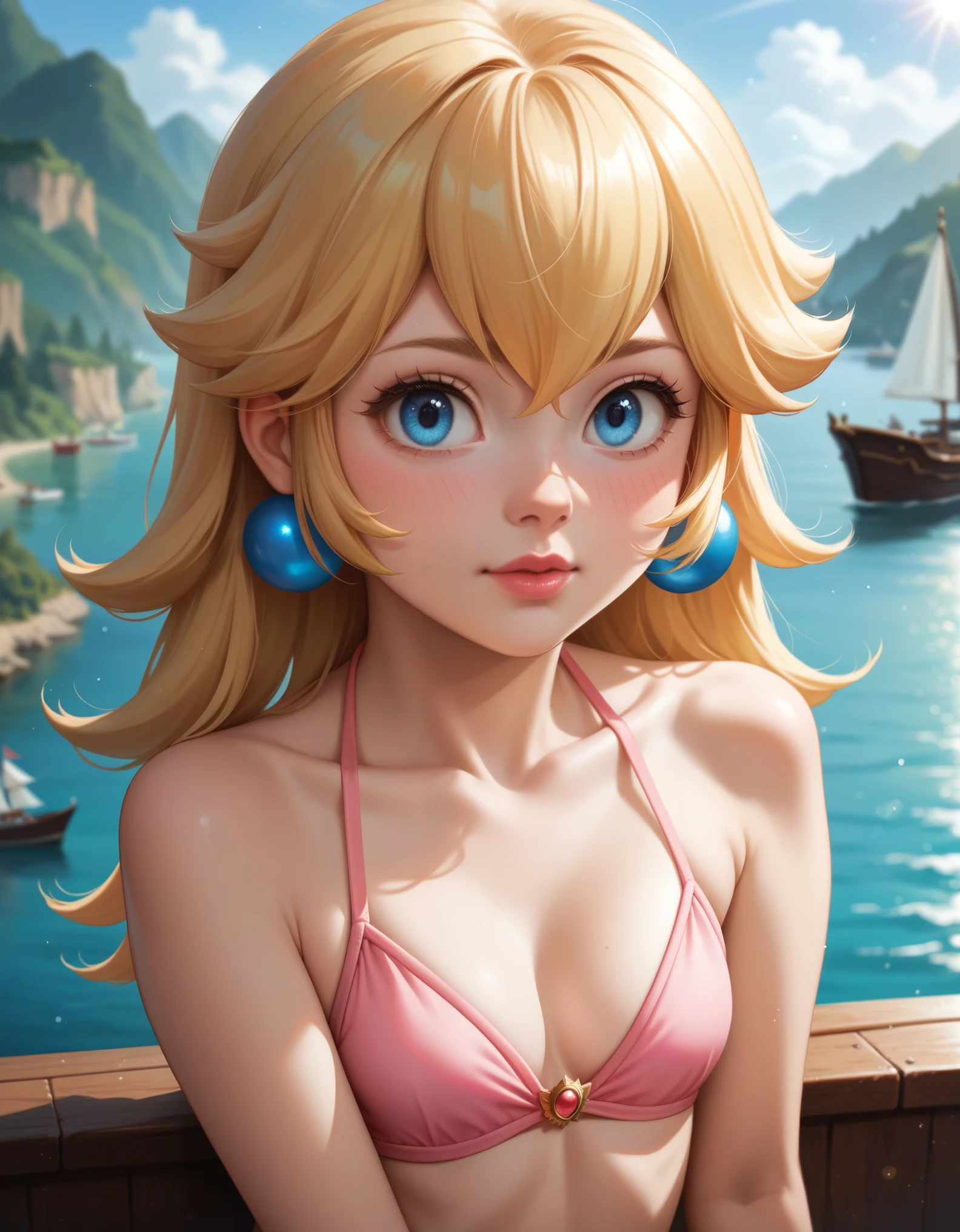 score_9, score_8_up, score_7_up, source_furry, rating_safe, ((princess peach)), blonde hair, small breasts, pink bikini,  bare legs, cleavage, embarrassed, close up portrait, island, boats, bokeh