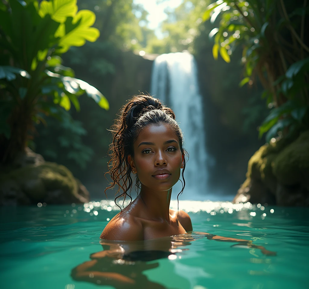 Realistic 3d photo: completely naked black woman swimming underwater in crystal clear water pond with fish around
