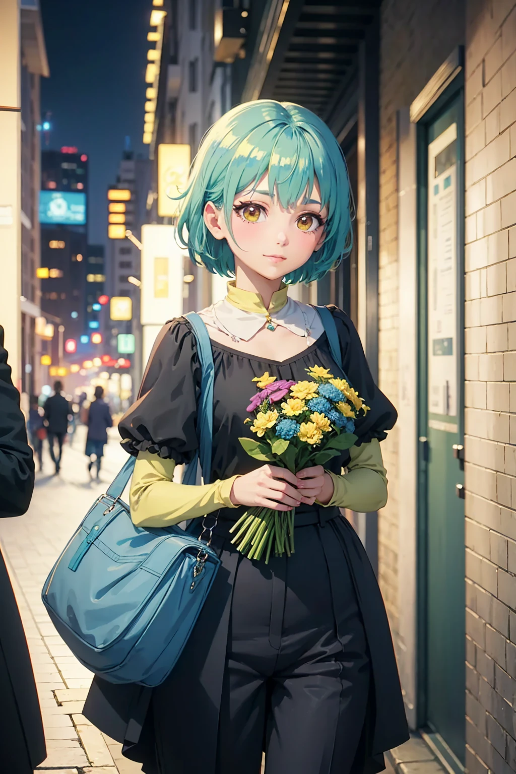 Incredible artwork , character with cheerful facial expression and extremely detailed features .  A pretty girl is wearing a blue blouse and black pants .  She has short green hair ,  and she's holding a beautiful bunch of flowers in a city at night.