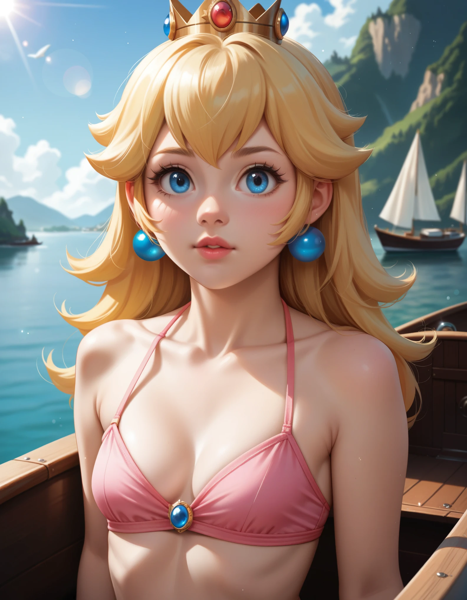 score_9, score_8_up, score_7_up, source_furry, rating_safe, ((princess peach)), blonde hair, small breasts, pink bikini,  bare legs, cleavage, embarrassed, close up portrait, island, boats, bokeh