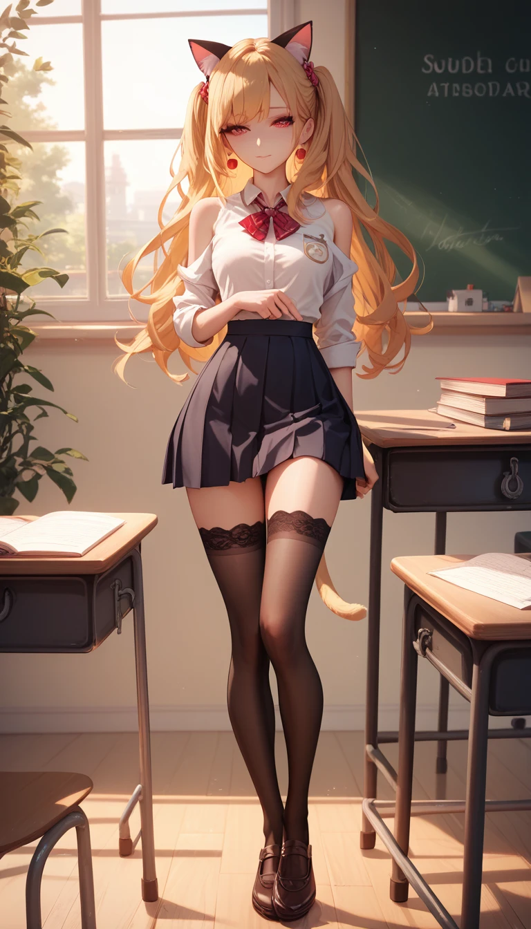 bare shoulders, 1 girl,  long golden hair,  4K, stockings,    red eyes , , cat ears,  High resolution   , One, masterpiece,    best quality,  standing device, hair pattern , school,  hot teacher , sex on the desk