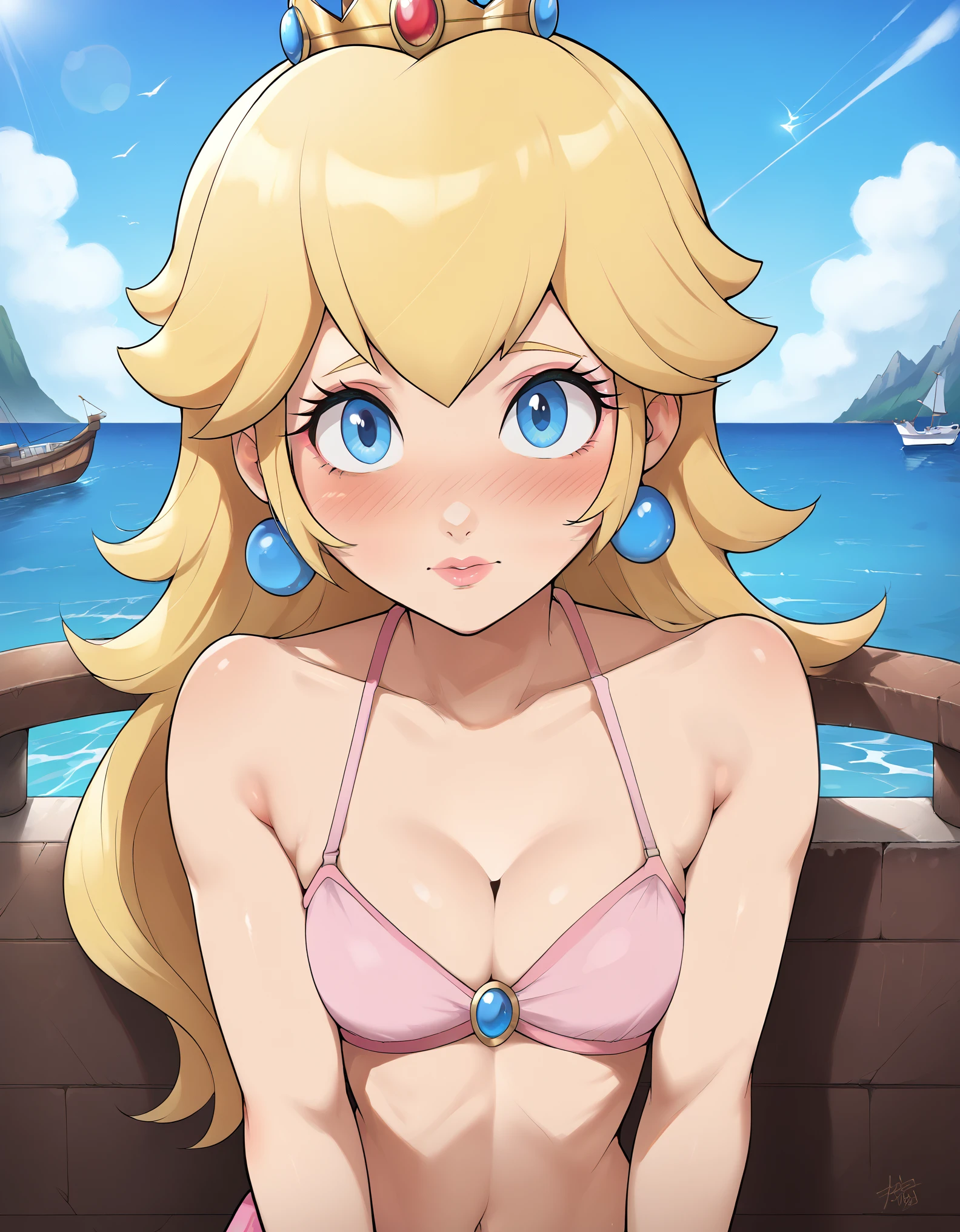 score_9, score_8_up, score_7_up, rating_safe, ((princess peach)), blonde hair, small breasts, pink bikini, bare legs, cleavage, embarrassed, close up portrait, island, boats, bokeh