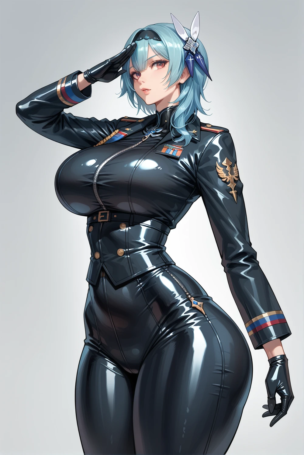 Eula,beautiful face and eyes,(,latex,military Costume,military jacket,pants,latex long gloves,),salute,gigantic huge busty,huge hips,solo girl,