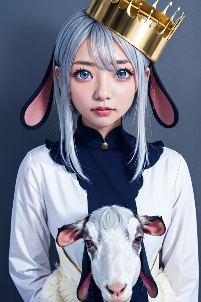 Yamaguro Necro、solo、1girl、、Silver Hair、 blue eyes、Goat Ears、 crowns