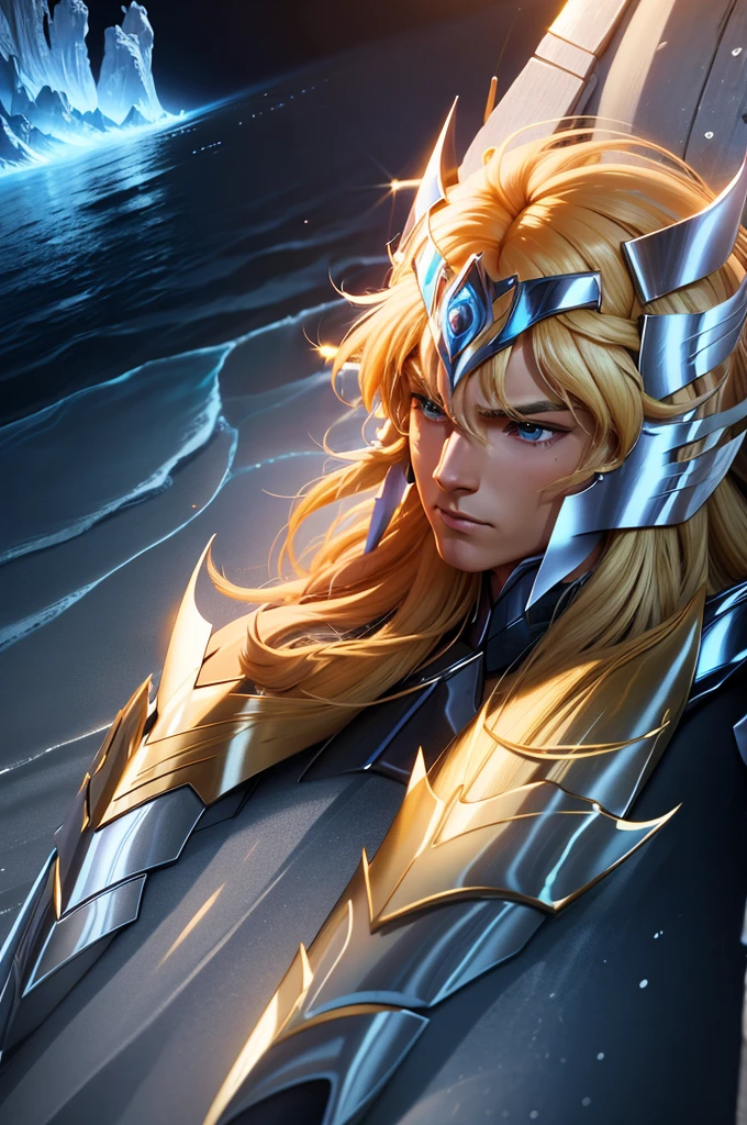 Hyoga,  saint seiya, Armor, Blonde hair, masculine,  perfect face,  facial expression of seriousness ,  masculine,  scenario: Iceberg and sea,  high quality,  8k