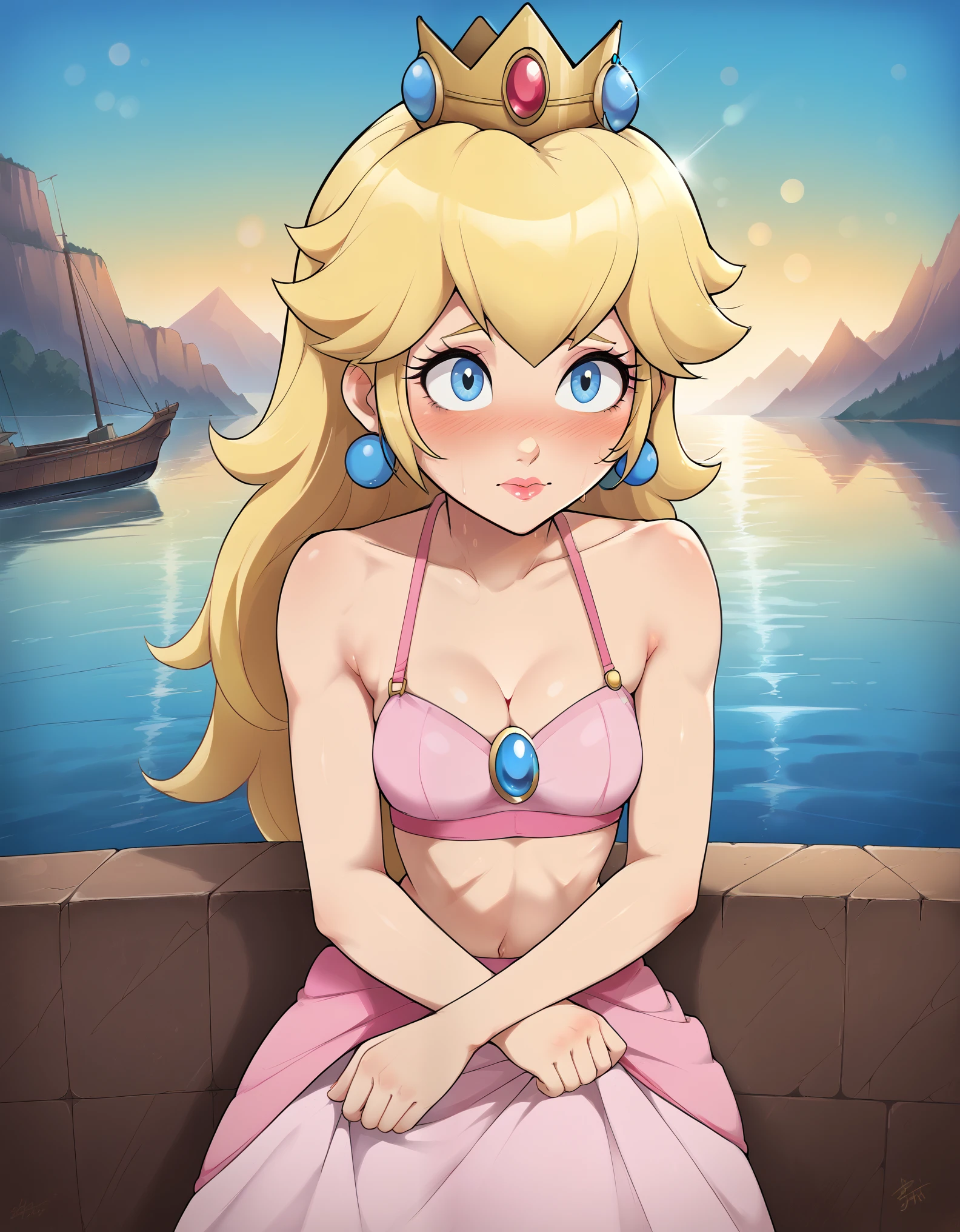 score_9, score_8_up, score_7_up, rating_safe, ((princess peach)), blonde hair, small breasts, pink bikini, bare legs, cleavage, embarrassed, close up portrait, island, boats, bokeh