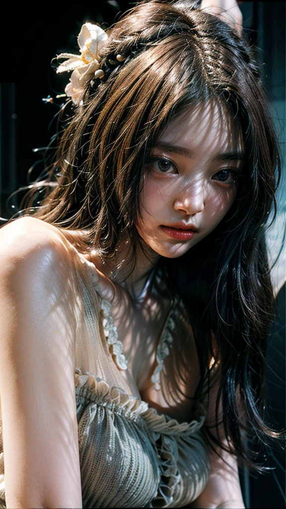 (masterpiece、top-quality、beautiful quality、Photorealsitic、Look at viewers、Detailed Lighting、highlydetailed skin、very detail hair、extremely detailed teeth、shadowy、8K:1.2)、(women's pictures、1girl in:1.2)、Very Shorthair、Cleavage is visible